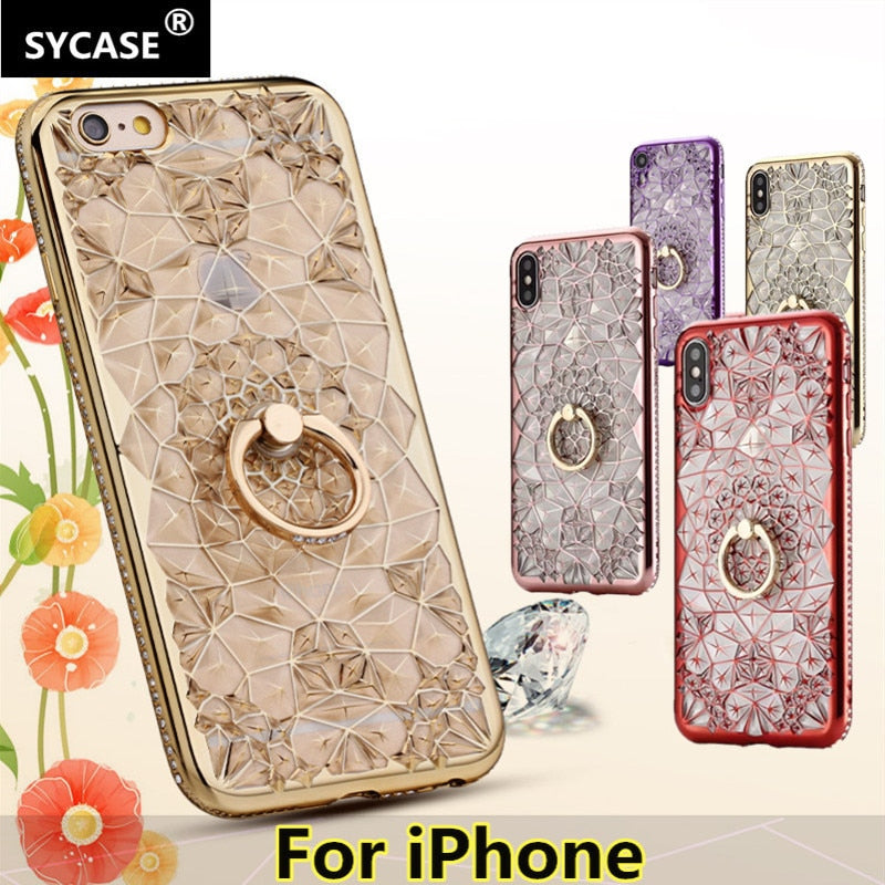 SYCASE For iPhone 5 5S SE 6 6S 7 8 Plus X XR Xs Max Case Luxury Soft TPU Women's Fashion Bling Crystal Diamond Flower phone case