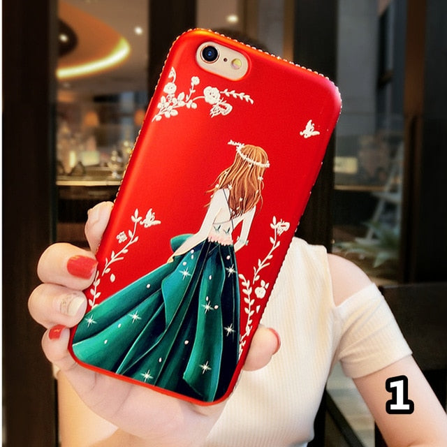 SYCASE For iPhone X XR XS Max New Red Painted Embossed with Diamond Phone Shell Female Model Back Goddess case