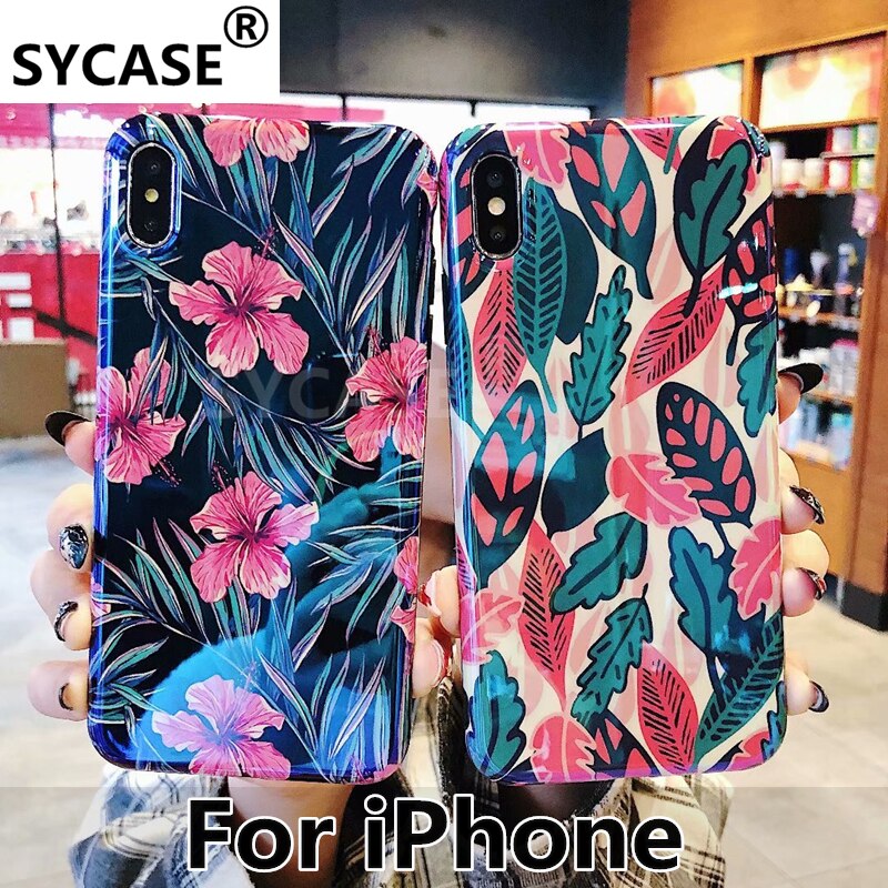 SYCASE For iPhone X XR XS Max luxury Blue flower Floral shell For iPhone 6 6S Plus 7 8 Plus All-inclusive Drop protection cover