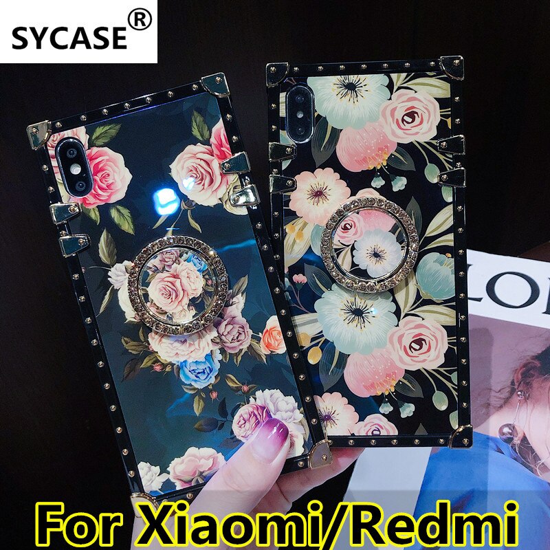SYCASE For xiaomi 9 Luxury blu ray square Phone Case with ring For Redmi 7 Note7 Case fashion peony flower cover For Redmi K20