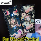 SYCASE For xiaomi 9 Luxury blu ray square Phone Case with ring For Redmi 7 Note7 Case fashion peony flower cover For Redmi K20