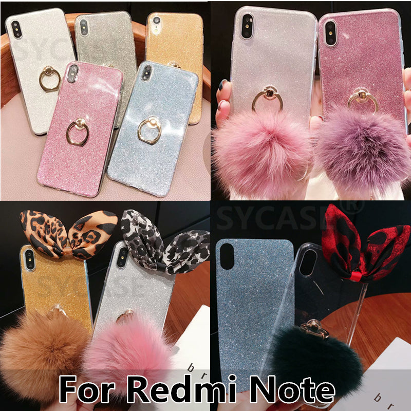 SYCASE Glitter Ring Bracket shell For Redmi Note 2 3 Note 4X 4 Note 5A case hairball leopard bowknot Cover For Redmi Note 5Pro 6