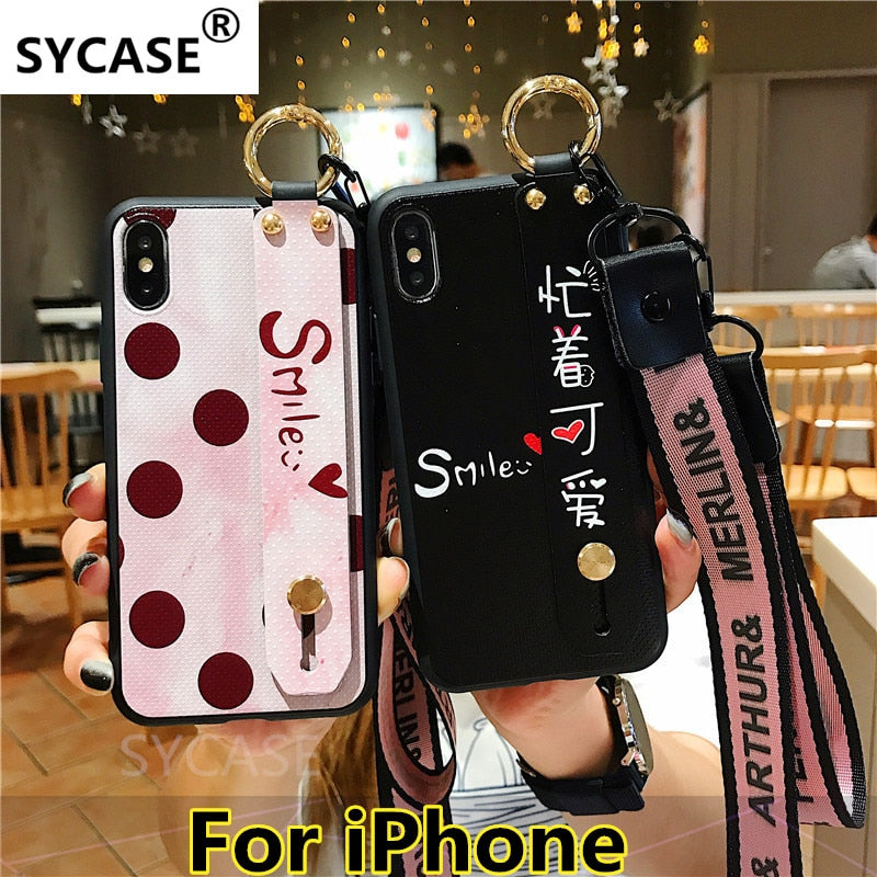 SYCASE Hot Wrist band Smile wave point bracket phonecase For iPhone X XR XS Max 6 6S 7 8 Plus case lanyard ring protective cover
