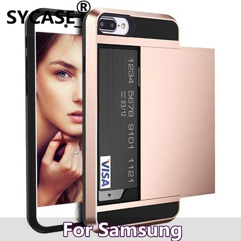 SYCASE Hybrid Slide Card Holder Hard Armor case For Samsung S6 S7 edge S8 S9 S10 Plus Lite Note 8 9 case soft sillcon frame case