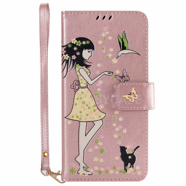 SYCASE Luminous Leather shell For Huawei P8 P9 Lite P10 Plus Mate9 Honor 6X 5X case Multi-function Card Holder Women's Cat Cover