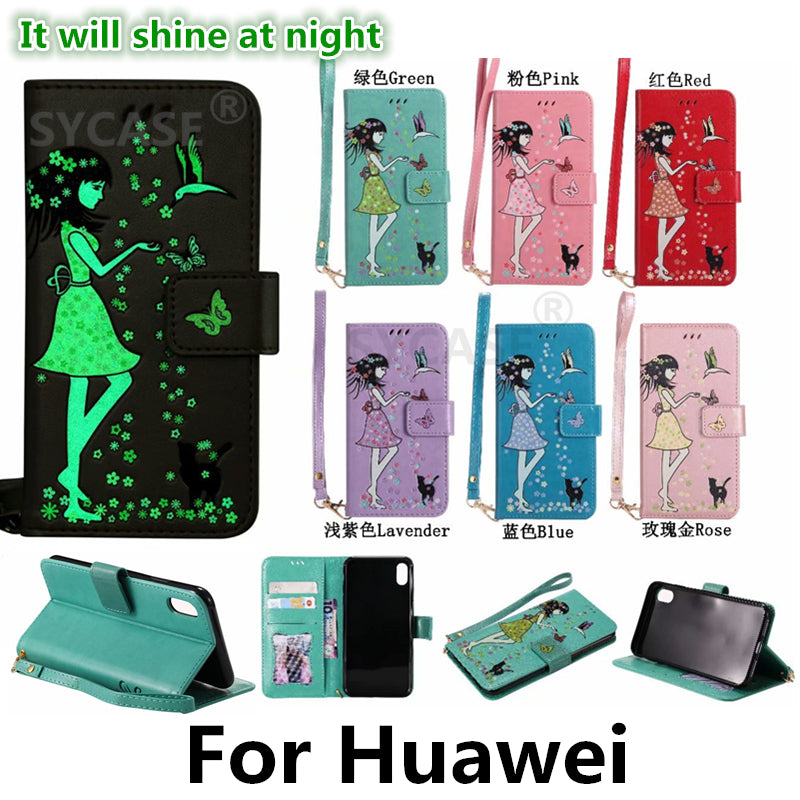 SYCASE Luminous Leather shell For Huawei P8 P9 Lite P10 Plus Mate9 Honor 6X 5X case Multi-function Card Holder Women's Cat Cover