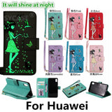 SYCASE Luminous Leather shell For Huawei P8 P9 Lite P10 Plus Mate9 Honor 6X 5X case Multi-function Card Holder Women's Cat Cover