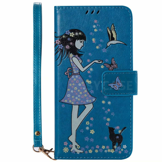 SYCASE Luminous Leather shell For Samsung S6 S7 Edge S8 S9 Plus Note8 A3 A5 case Multi-function Card Holder Women's Cat Cover