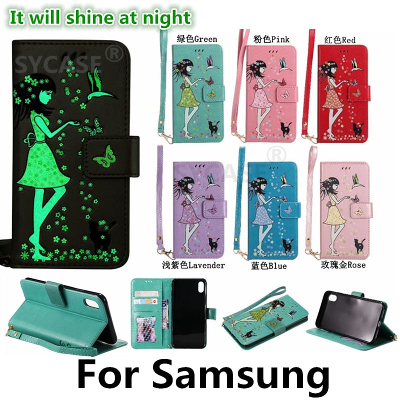 SYCASE Luminous Leather shell For Samsung S6 S7 Edge S8 S9 Plus Note8 A3 A5 case Multi-function Card Holder Women's Cat Cover