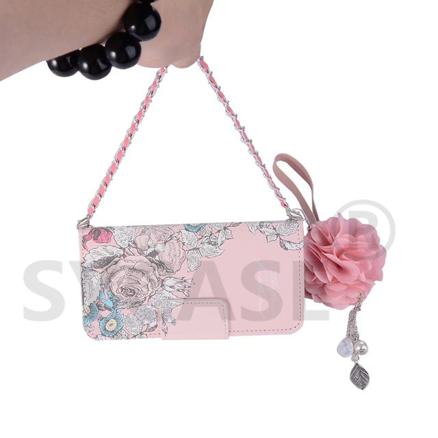 SYCASE Luxury 3D Pearl Floral Leather Case for BBK VIVO X7 plus X9 X9S X20 plus Lanyard Phone Bag Cases Cover + Card Slot Women