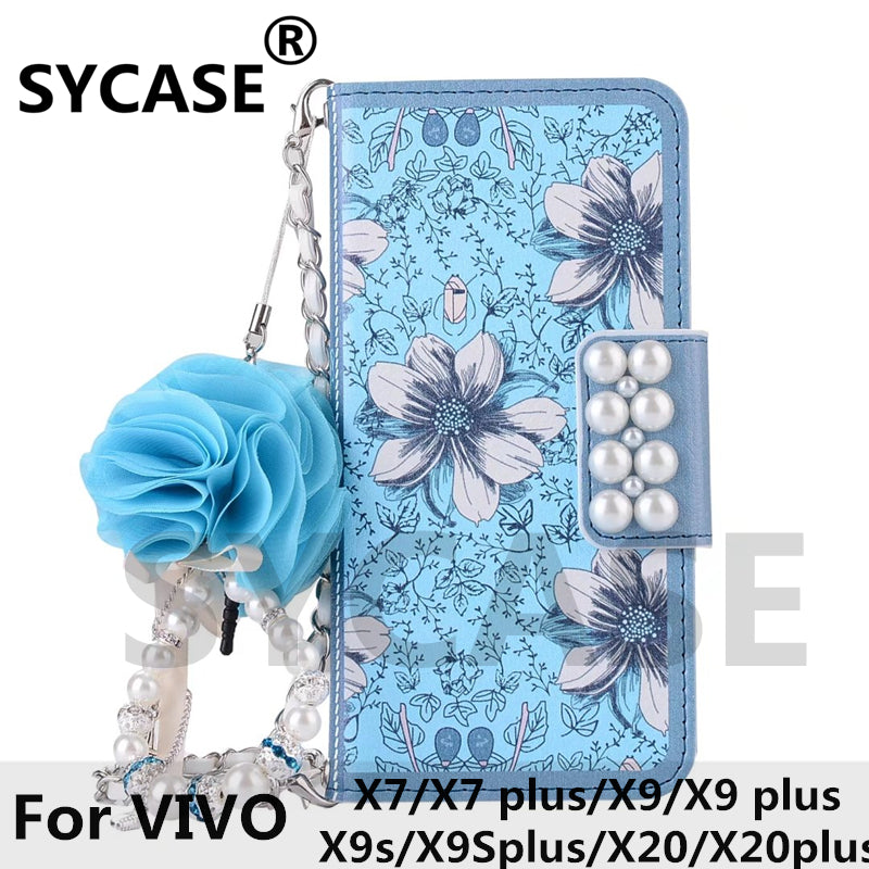 SYCASE Luxury 3D Pearl Floral Leather Case for BBK VIVO X7 plus X9 X9S X20 plus Lanyard Phone Bag Cases Cover + Card Slot Women
