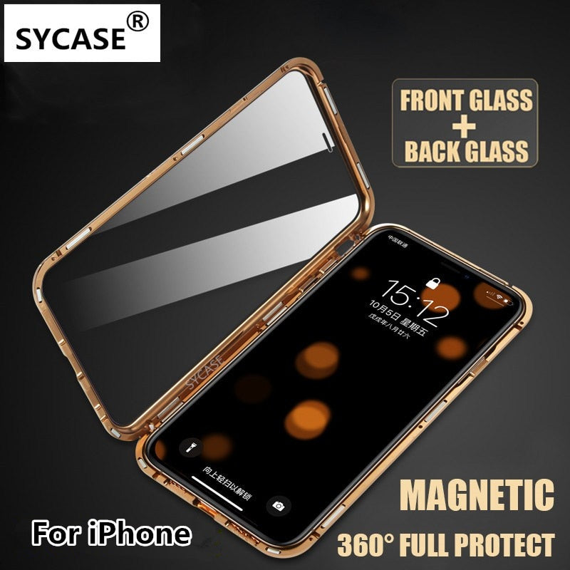 SYCASE Luxury Double sided glass Metal Magnetic Case For iPhone 7 8 Plus X XR Xs Max phone case 360 Full Protection Cover