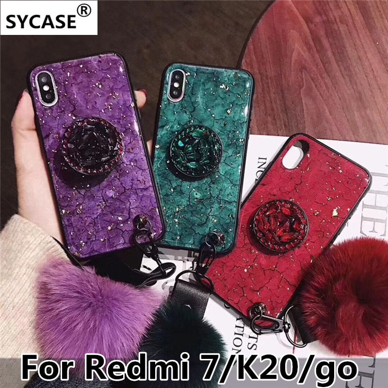 SYCASE Luxury Epoxy Case Fashion Red Green Purple phone case For Redmi go K20 Redmi 7 Case Rhinestone Stand Hair Ball Soft Cover