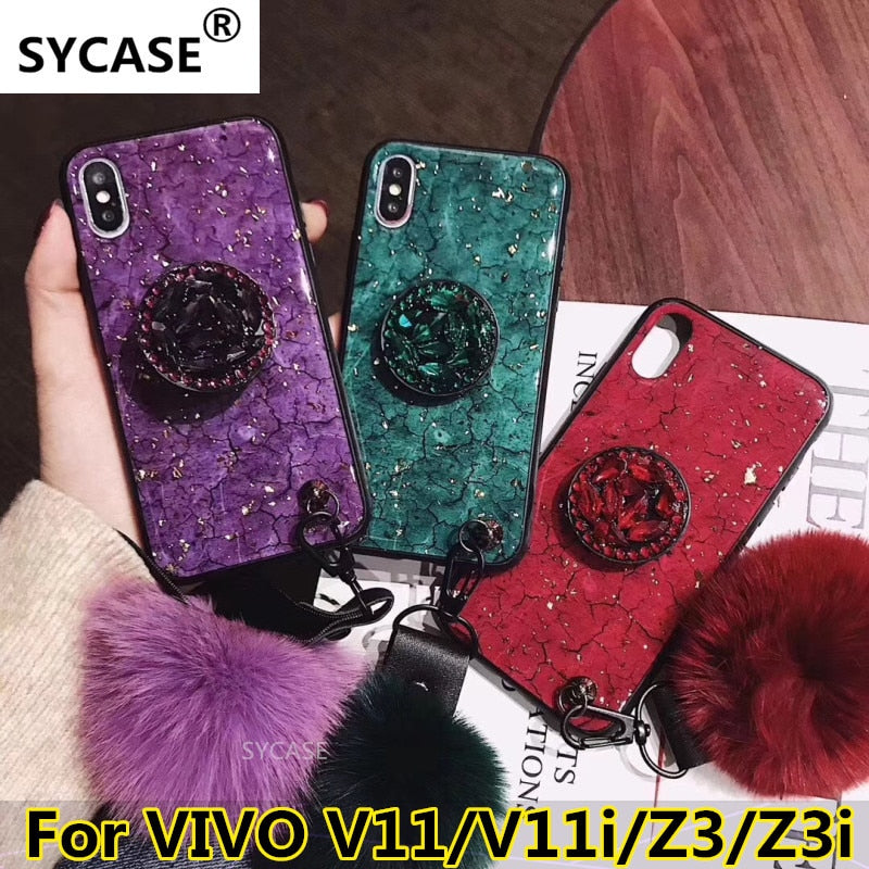 SYCASE Luxury Epoxy Fashion Green Red Purple phone case For BBK VIVO V11 V11i Z3 Z3i case Rhinestone Stand Hair Ball Soft Cover