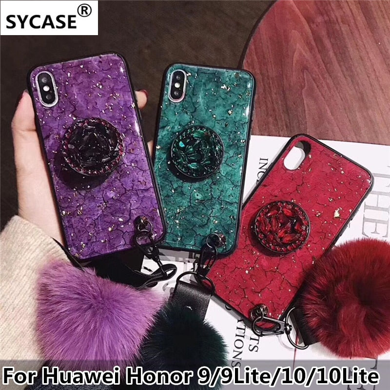 SYCASE Luxury Epoxy Fashion Red Green Purple phone case For Huawei Honor 9 10 Lite Case Rhinestone Stand Hair Ball Soft Cover