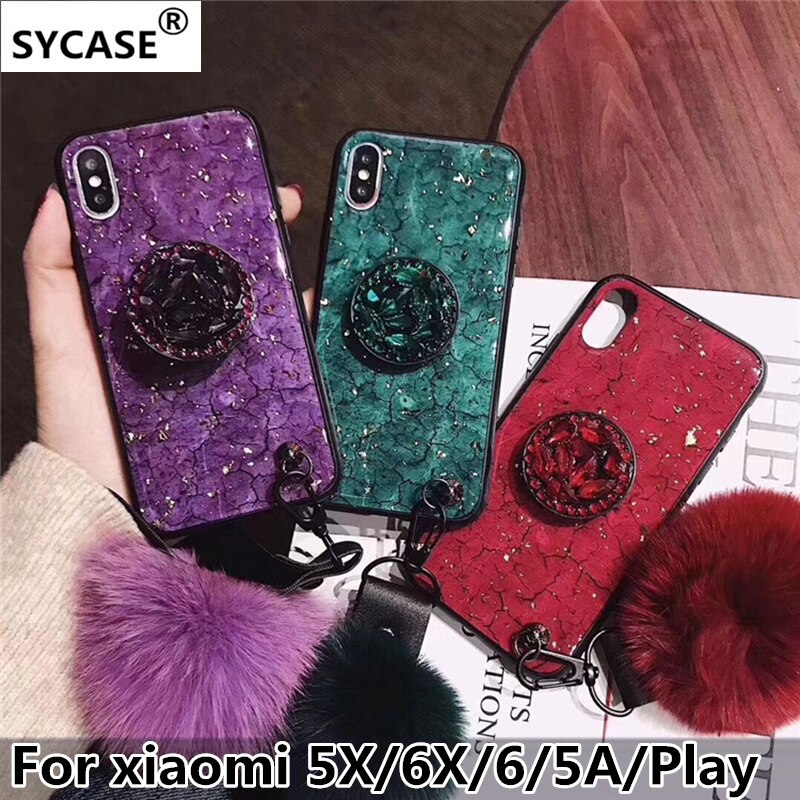 SYCASE Luxury Epoxy Fashion Red Green Purple phone case For xiaomi 5X 6X 6 5A Play Case Rhinestone Stand Hair Ball Soft Cover