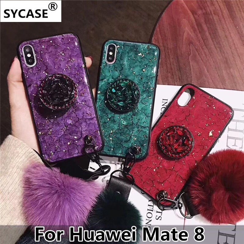SYCASE Luxury Epoxy Fashion Red Green Purple phonecase For Huawei Mate 8 Case Rhinestone Stand Hair Ball Soft Cover