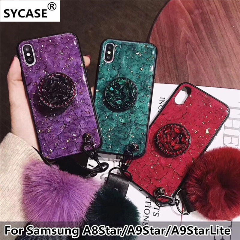 SYCASE Luxury Epoxy Fashion Red Green Purple phonecase For Samsung A8Star A9Star Lite Case Rhinestone Stand Hair Ball Soft Cover