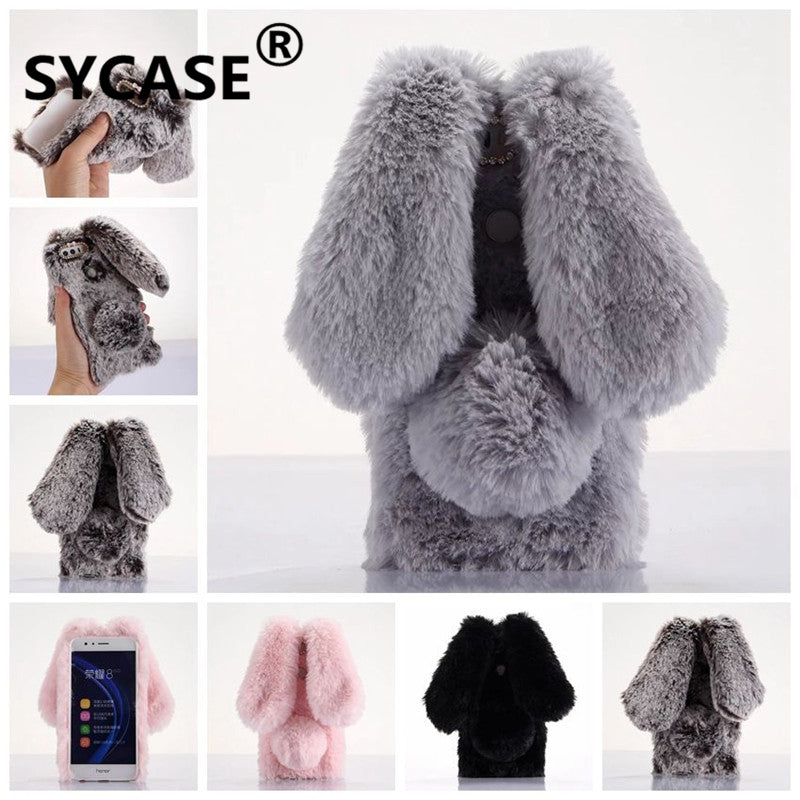 SYCASE Luxury Girl Soft Case For iPhone X XR Xs Max 5 5S SE 6 6S 7 8 Plus case Rabbit Ear Hair Fluffy Fur Diamond Back Cover