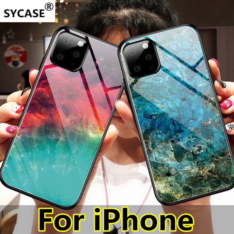 SYCASE Luxury Marble Tempered Glass For iPhone 11 Pro Max XR X Xs Max 6 6S 7 8 Plus Soft TPU Frame Back Case