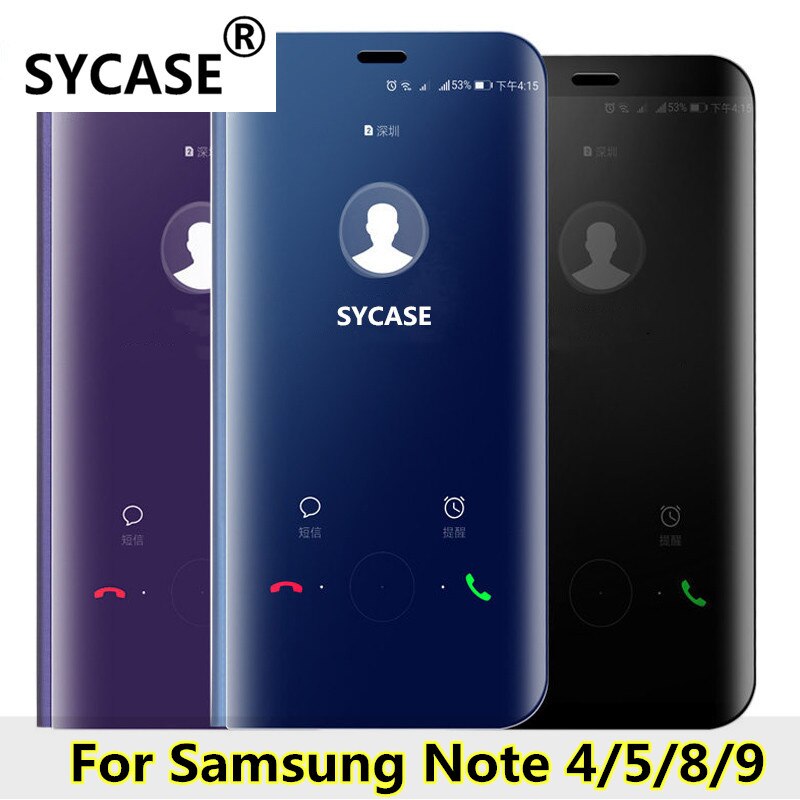 SYCASE Luxury Mirror Clear View Smart Case For Samsung Note4 Note5 Note8 Note9 Case Intelligent Sleep Protective Flip Case