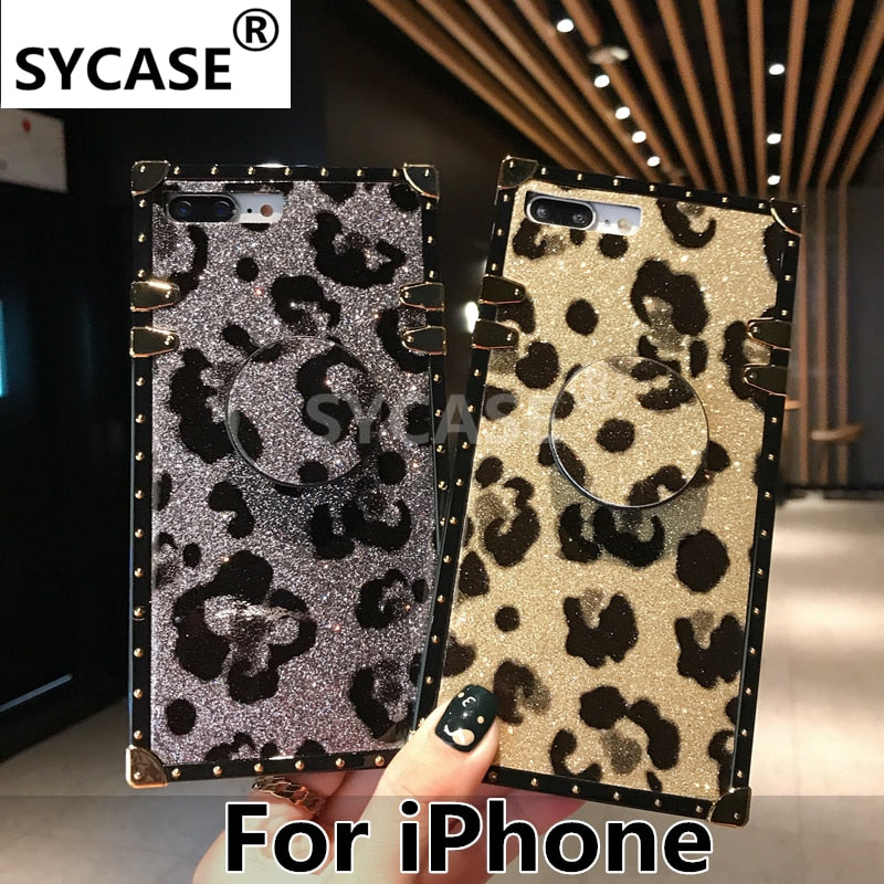 SYCASE Luxury Square Leopard Shell For iPhone X Xs Max XR 6 6S Plus 7 8 plus Case whit stand Drop-proof Cover for Women