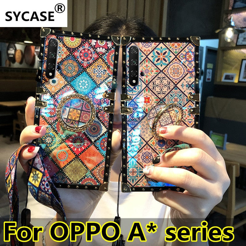 SYCASE Luxury blu ray square Phone Case with ring For OPPO A3 A5 A5S A7X A39 A57 A59 A75 A73 A77 A79 A83 national Styles Cover