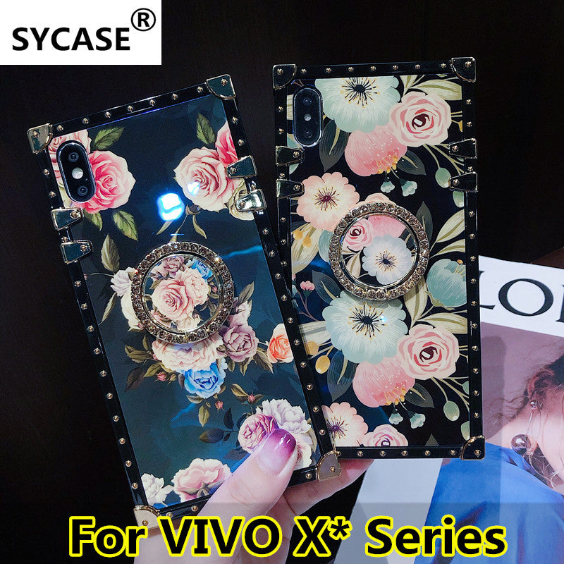 SYCASE Luxury blu ray square Phone Case with ring For VIVO X9 X9S X20 Plus NEX X21 UD X23 Color X27 Pro Case peony flower cover
