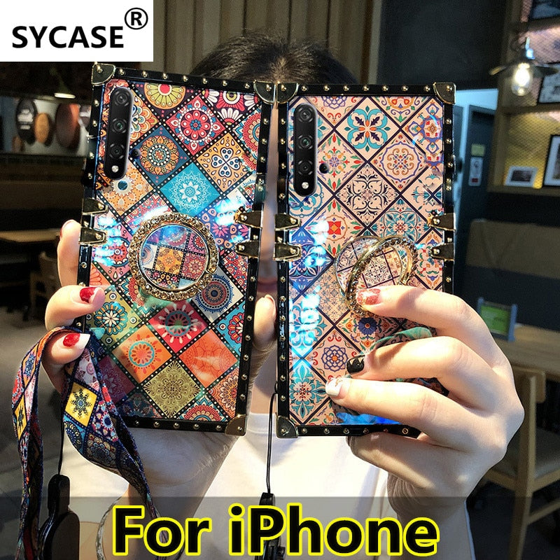 SYCASE Luxury blu ray square Phone Case with ring For iPhone XR X Xs 11 Pro Max 6 6S 7 8 Plus Case Exotic national Styles Cover