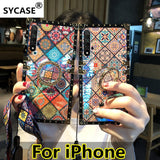 SYCASE Luxury blu ray square Phone Case with ring For iPhone XR X Xs 11 Pro Max 6 6S 7 8 Plus Case Exotic national Styles Cover