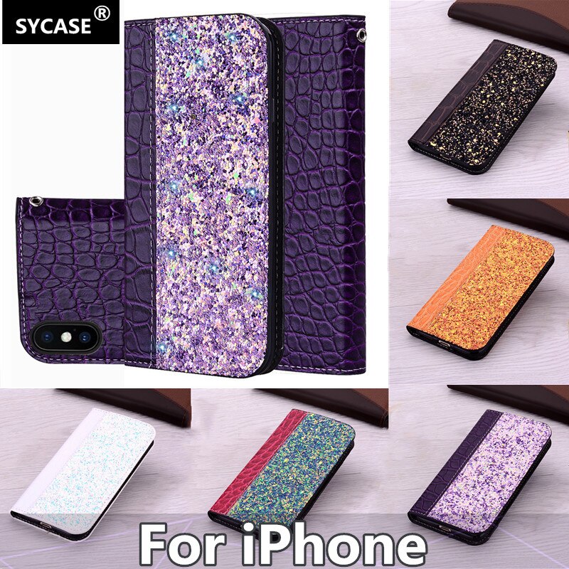 SYCASE Luxury stitching sequins flash flip Holster leather case For iPhone X XR Xs Max 6 6S 7 8 Plus case Personality Crocodile
