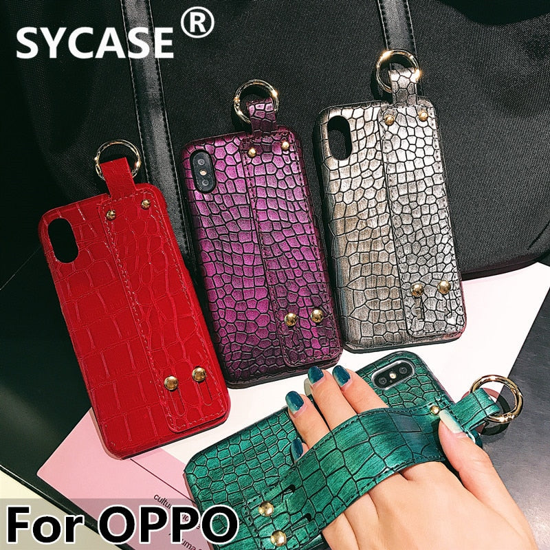 SYCASE New Crocodile grain Shell For OPPO A3 A5 A57 A59 A79 A83 R11 R11s R15 Dream R17 Pro Case Wrist strap Bracket Cover Women