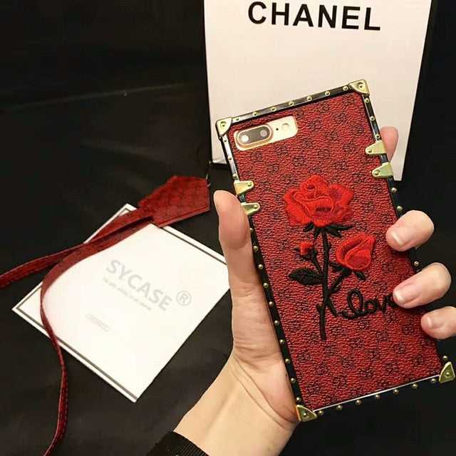 SYCASE New brand Rose case embroidery roses mobile phone shell lanyard For iPhone 6 6S 7 8 Plus X female models wholesale