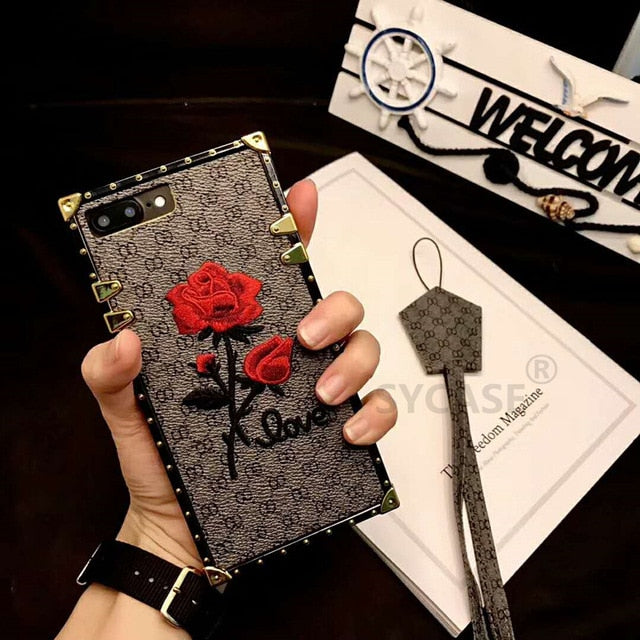 SYCASE New brand Rose case embroidery roses mobile phone shell lanyard For iPhone 6 6S 7 8 Plus X female models wholesale