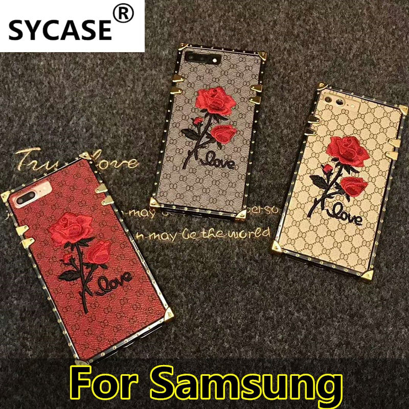 SYCASE New brand Square Rose phone case For Samsung S8 S9 Plus Note 8 9 case embroidery roses with lanyard female model cover