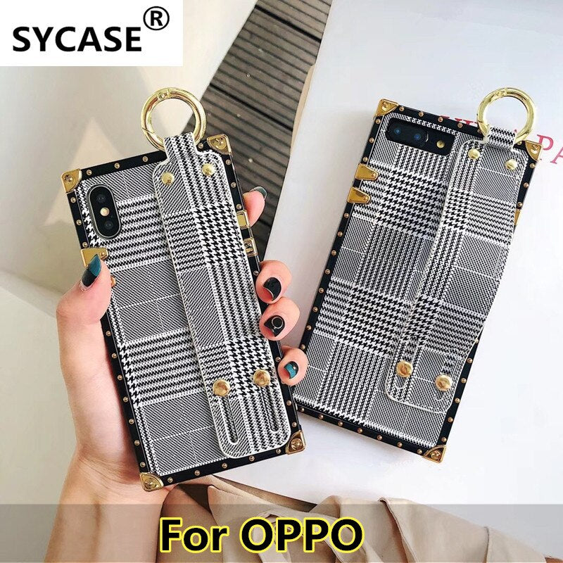 SYCASE New brand shell For OPPO R9 R9S R11 R11S Plus R15 Dream R17 Wrist Band Case Houndstooth wrist strap holder phone case