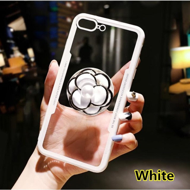 SYCASE New luxury Camellia rings Transparent acrylic back case For iPhone 5 5S SE 6 6S 7 8 Plus X XR Xs Max case with lanyard