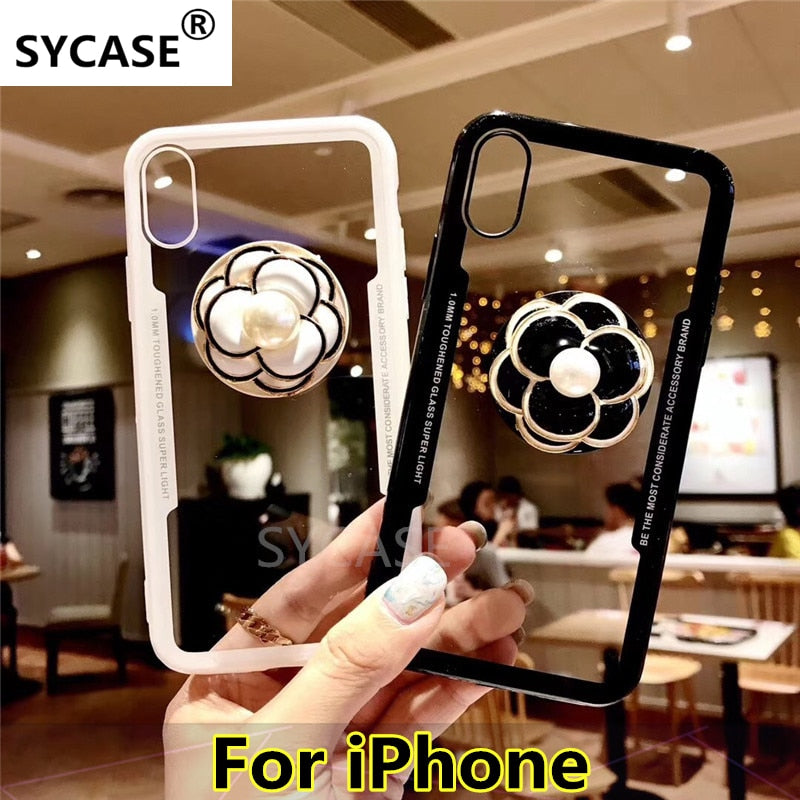 SYCASE New luxury Camellia rings Transparent acrylic back case For iPhone 5 5S SE 6 6S 7 8 Plus X XR Xs Max case with lanyard