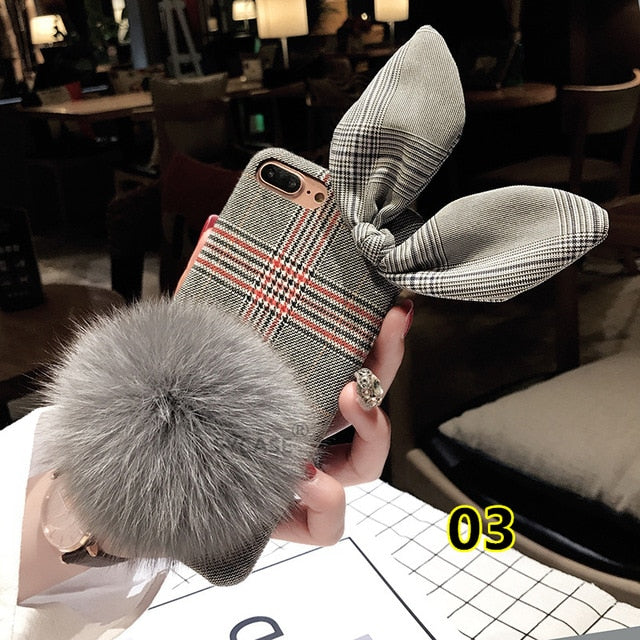 SYCASE Plush rabbit ears Hairball phone case For iPhone 6 6S 7 8 Plus X XR Xs Max Vintage cotton plaid pattern back cover