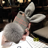 SYCASE Plush rabbit ears Hairball phone case For iPhone 6 6S 7 8 Plus X XR Xs Max Vintage cotton plaid pattern back cover