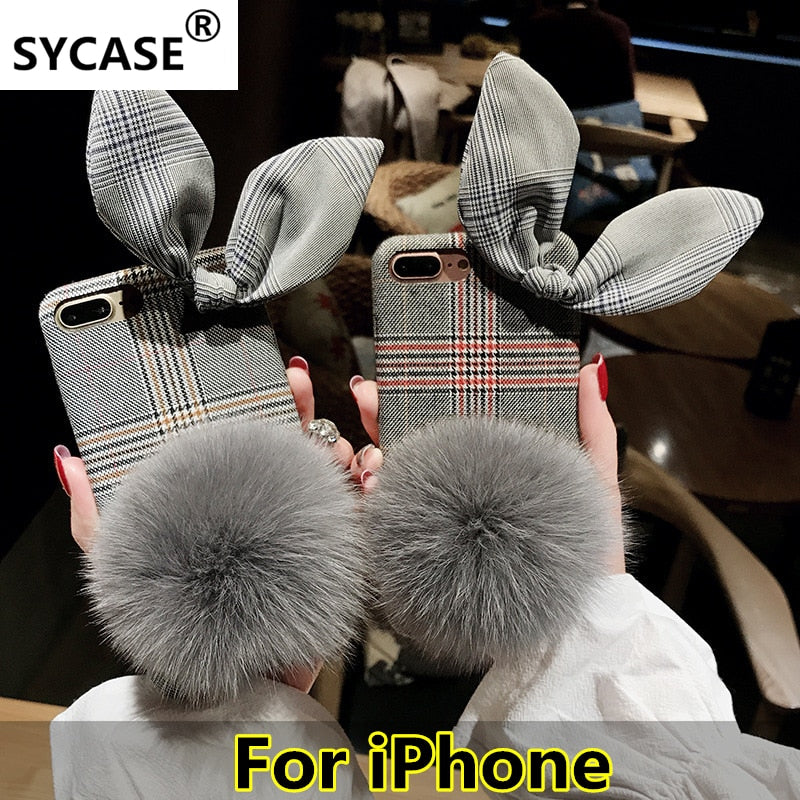 SYCASE Plush rabbit ears Hairball phone case For iPhone 6 6S 7 8 Plus X XR Xs Max Vintage cotton plaid pattern back cover