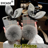 SYCASE Plush rabbit ears Hairball phone case For iPhone 6 6S 7 8 Plus X XR Xs Max Vintage cotton plaid pattern back cover