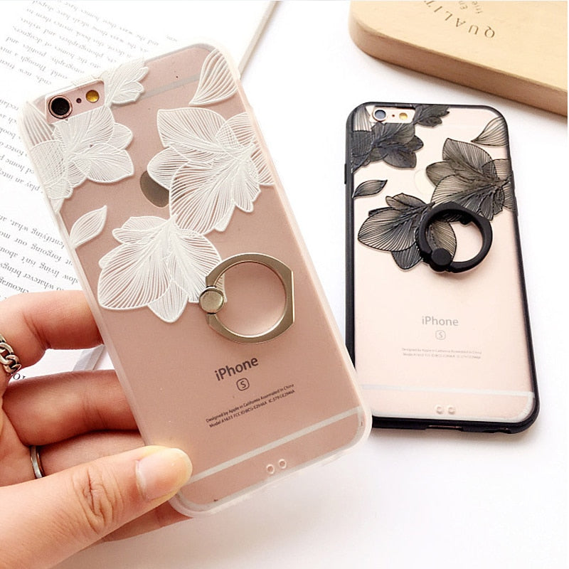 SYCASE Ring Grip Lace Flower Pattern Case For iPhone 7 7plus Flower case hard Relief phonecase Back Cover half rose capa fundas