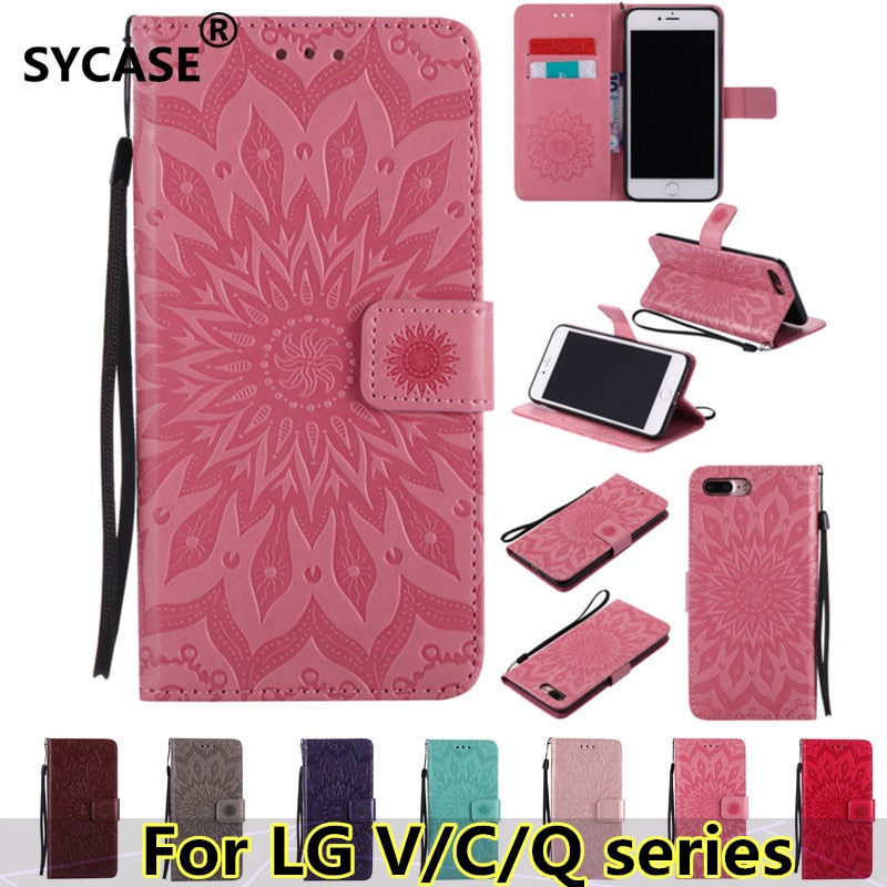 SYCASE Sun flower pattern 3D Embossed leather case For LG V10 V20 V30 V40 C40 C70 Q8 2018 Q Stylplus Nexus5X Wallet phonecase