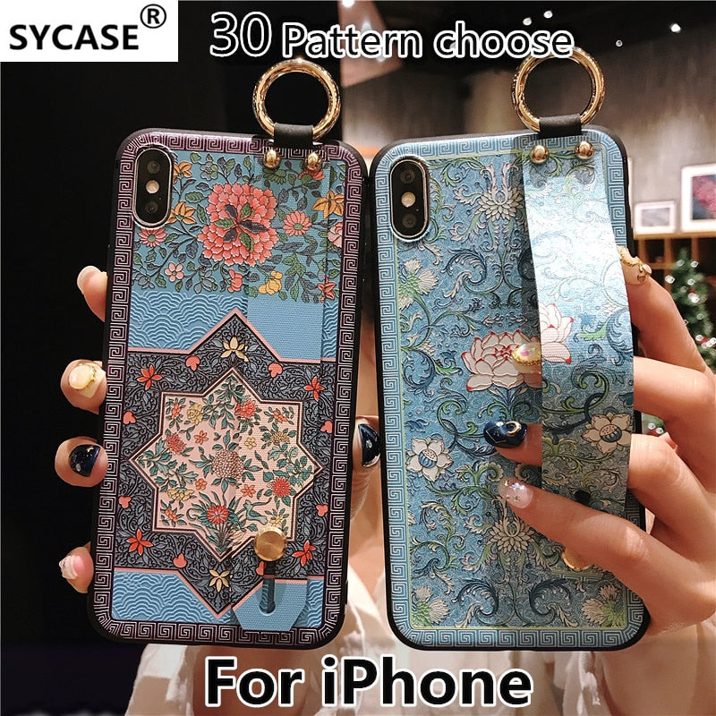 SYCASE Wrist Strap Soft TPU Phone Case For iphone 6 6s 7 8 plus Case For iphone X Xs max XR Flower embroidery Pattern Case