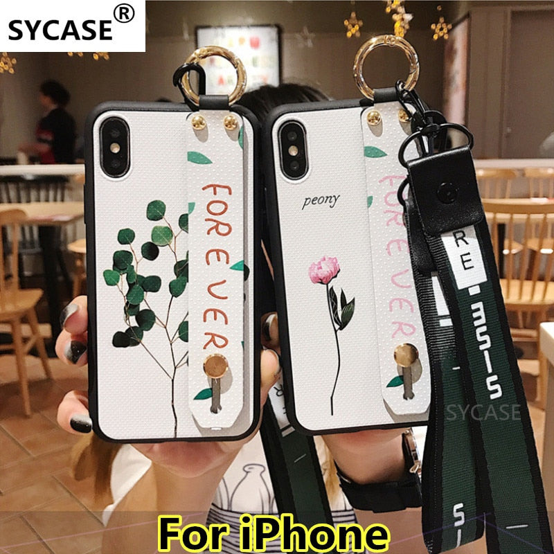 SYCASE Wristband shell For iPhone X XR XS XsMax 6 6S 7 8 Plus painted flower leaves lanyard ring bracket phone protective cover