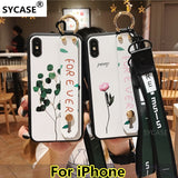 SYCASE Wristband shell For iPhone X XR XS XsMax 6 6S 7 8 Plus painted flower leaves lanyard ring bracket phone protective cover