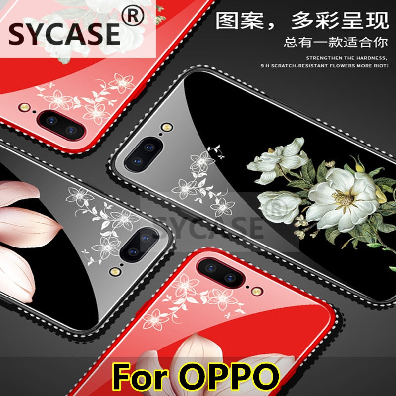 SYCASE flower Case For OPPO R9 R11 S R15 dream A59 A83 ect.Blue-ray tempered glass Inlaid diamond Jasmine lily back cover case