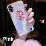 SYCASE luxury cute Soft Phone Case For iPhone X XR Xs Max 6 6S 7 8 Plus CASE Diamond Bracket hair ball Rhombus transparent cover