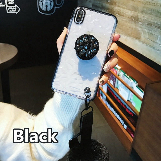 SYCASE luxury cute Soft Phone Case For iPhone X XR Xs Max 6 6S 7 8 Plus CASE Diamond Bracket hair ball Rhombus transparent cover